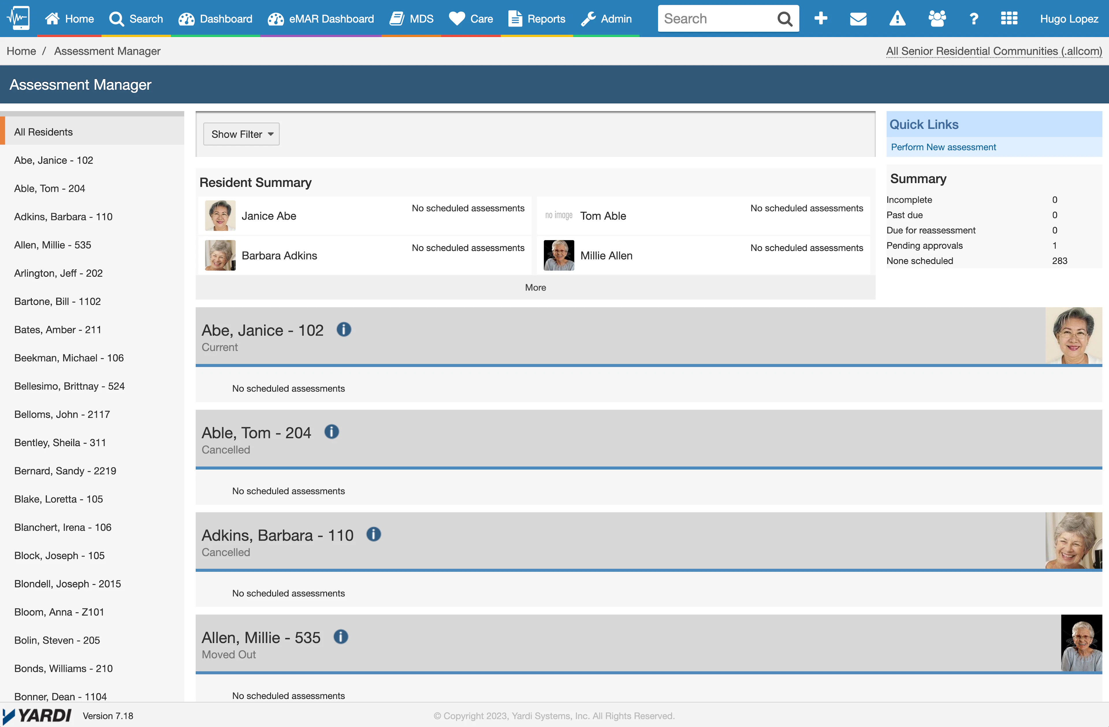 screenshot of Yardi EHR